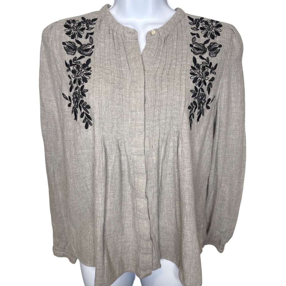 Zara TRF Womens Gray Embroidered Linen Blend Button Down Peasant‎ Top Sz M Boho